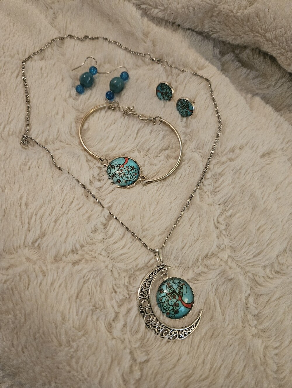 Tree of Life Turquoise and Blue Jewelry Set - Necklace Bracelet Earrings Studs
